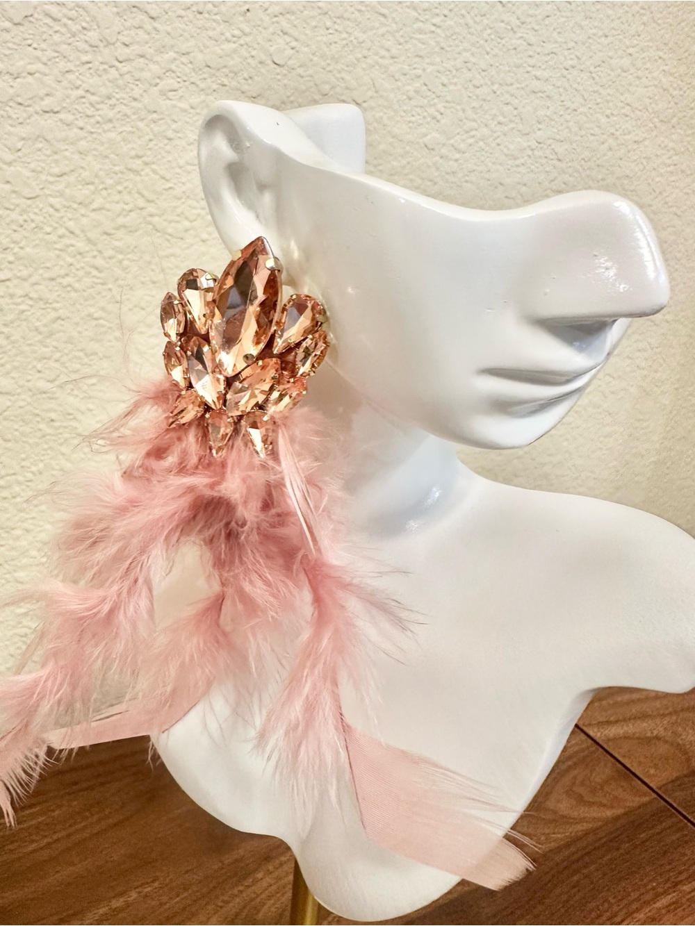 Elegant Mauve Pink Crystal and Feather Statement Earrings